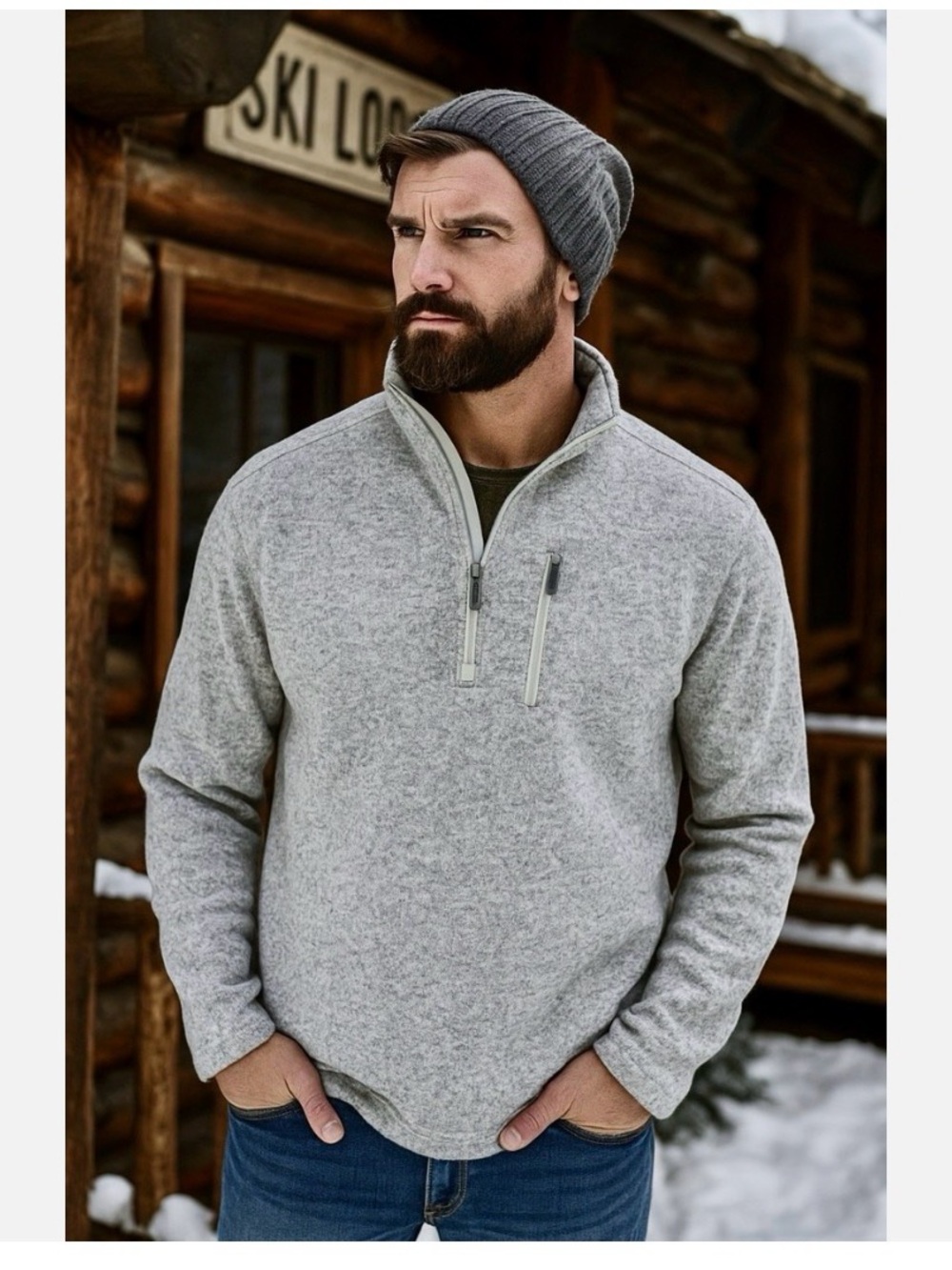 Woolrich Light Heather Gray 1/4 Zip-Up 1/4 pocket Fisherman Ski Cabin Size L